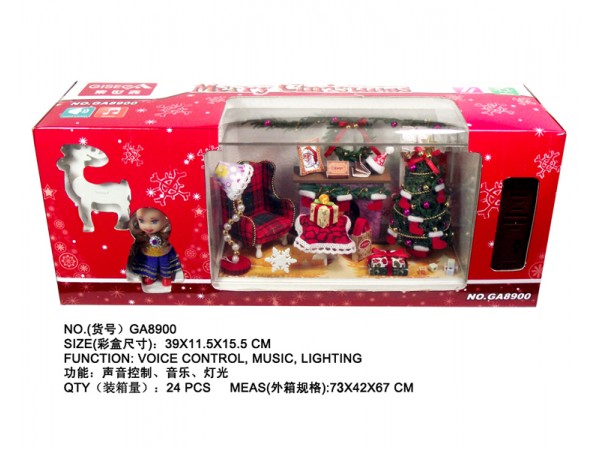 娃娃屋（成品）声控音乐灯光木质圣诞房屋带公仔和鹿开窗盒