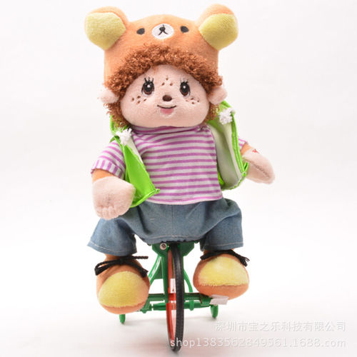 电动音乐骑单车娃娃 电动大嘴猴公仔 智能毛绒玩具 音乐玩偶