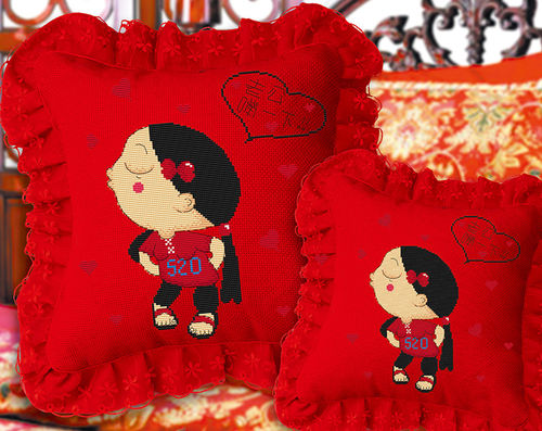厂家销售品牌十字绣抱枕 100%精准印花蕾丝花边 喜庆爱情系列