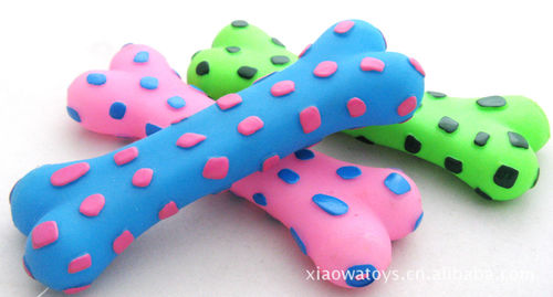 笑娃PVC搪胶静态发声塑胶宠物狗玩具-斑点彩色骨头