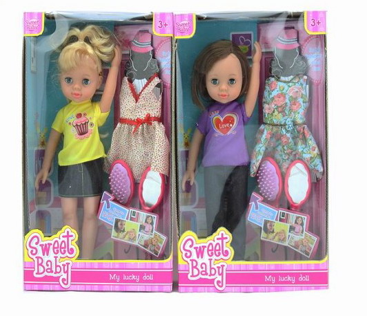 新款益智14寸丽莎搪胶娃娃之时尚装系列2款混装不带IC搪胶手头吹瓶身脚批发