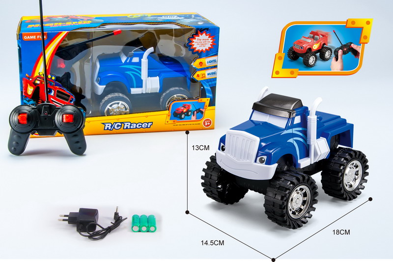 新款益智怪兽大卡车四通遥控车蓝色款包充电电池批发