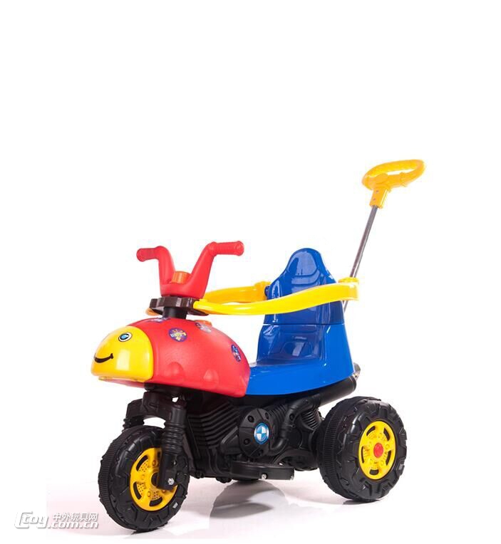 乐康3053升级版笑脸甲壳虫电动摩托车带护栏推杆儿童玩具车