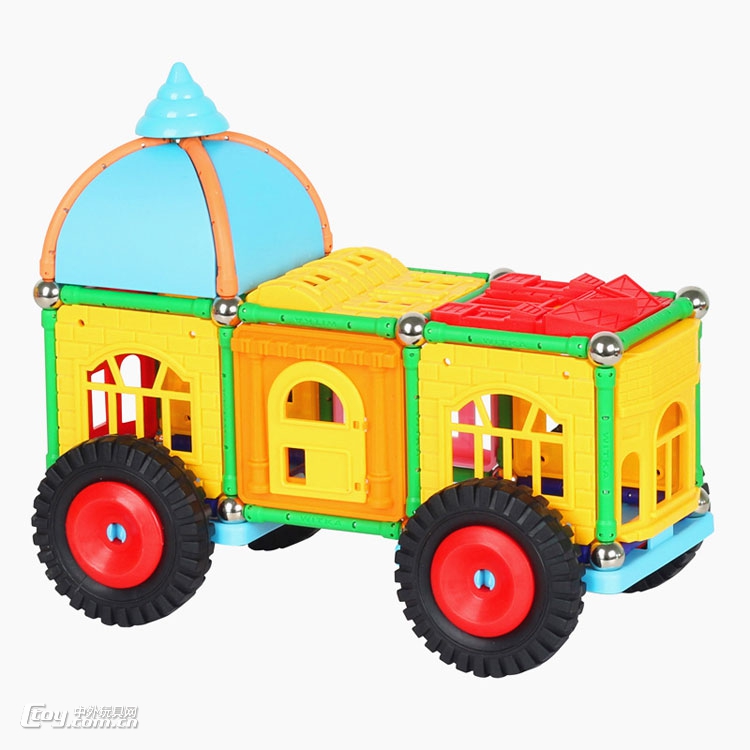 智博乐长款磁力棒城堡车桶装吸铁棒130件磁性积木儿童玩具
