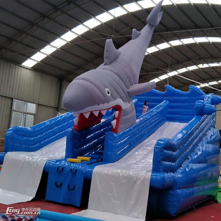 2018疯狂夏日 儿童游玩 大鲨鱼充气水滑梯 支架水池