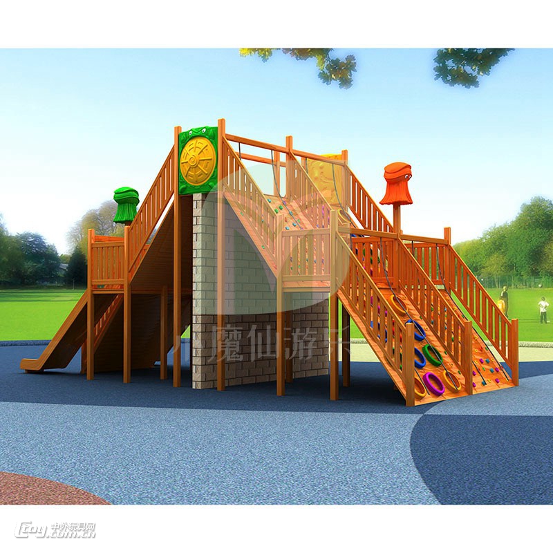 儿童乐园木质攀爬架攀岩墙梨花木滑梯组合木制体能锻炼设备定制