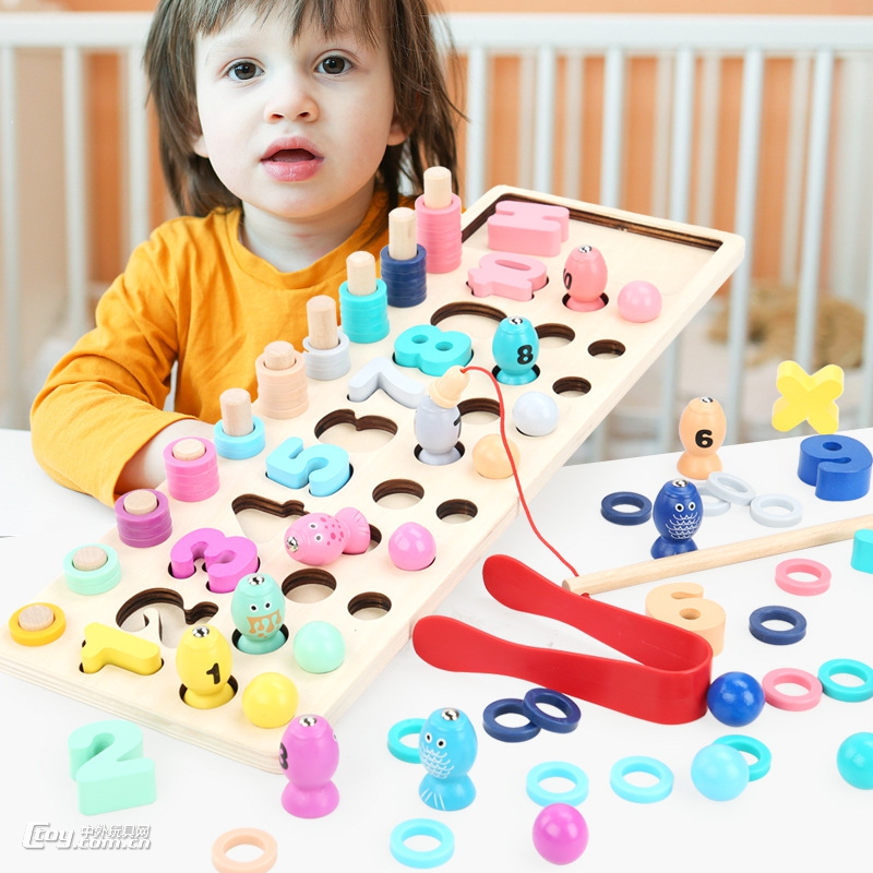 木制早教益智玩具宝宝3-6岁数字认数钓鱼夹珠子四合一对数板