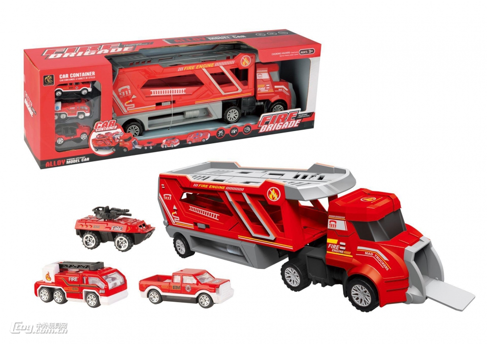 儿童玩具合金警察消防货柜弹射拖头车模型