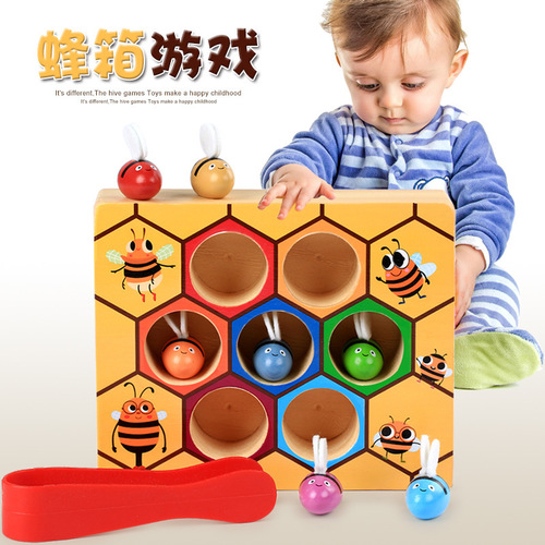 顶牛夹小蜜蜂玩具儿童蜂箱游戏益智木制玩具