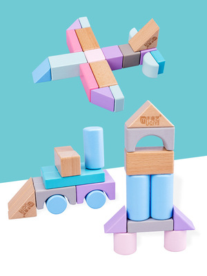 28颗榉木原色积木马卡龙彩色积木儿童早教木制拼搭玩具