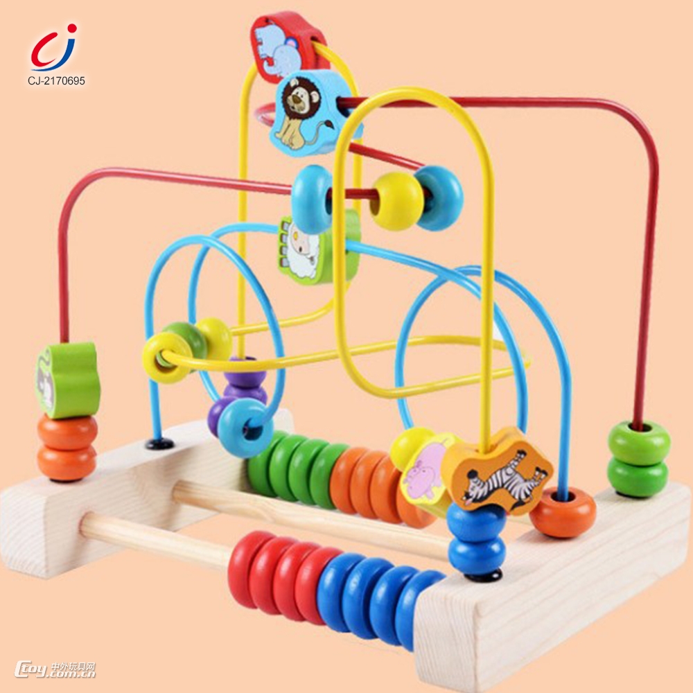 木质串珠婴儿宝宝儿童颜色认知智力早教玩具木制三轨动物绕珠