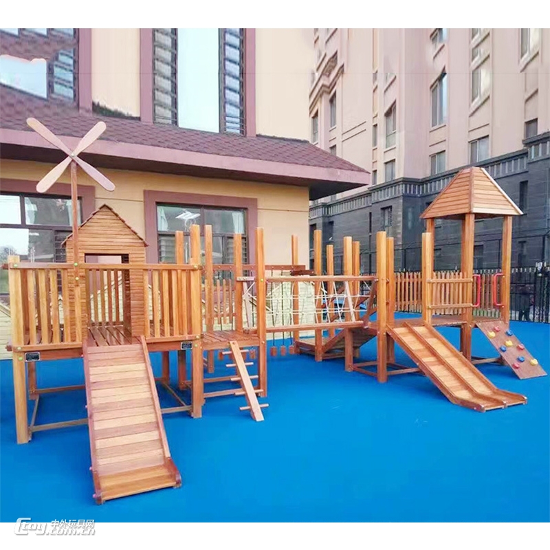户外木质海组合滑梯定制 地产楼盘大型木质滑梯游乐设备