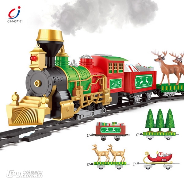 电动轨道火车冒烟功能圣诞主题带灯光火车声