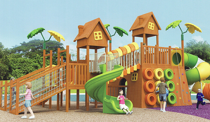 幼儿园户外木质滑梯儿童木屋滑梯攀爬网钻洞木制树屋玩具