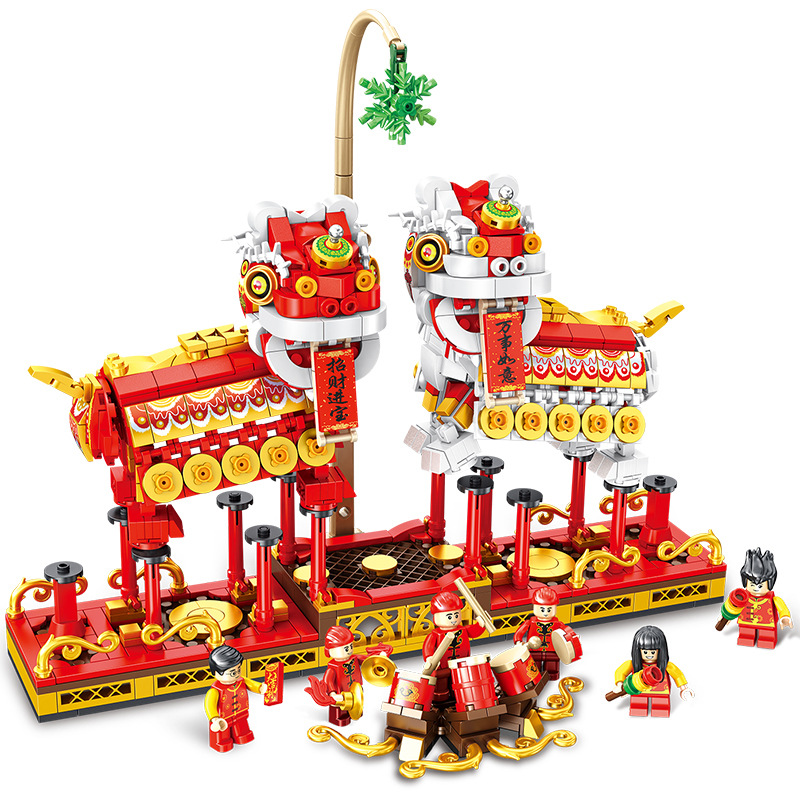 潘洛斯中国风春节舞狮舞龙全家福人仔拼装积木