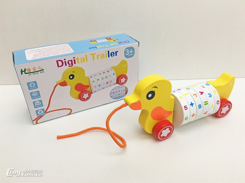 新款益智木制玩具鸭子数字拖拉车
