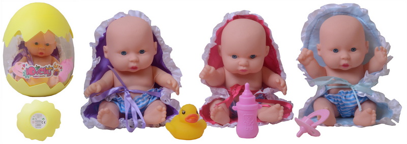 新款8寸蛋装搪胶带音乐表情娃娃配奶瓶奶嘴鸭子三色混装