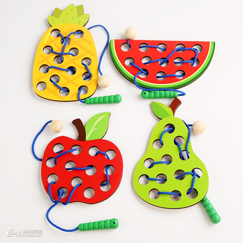 毛毛虫吃苹果水果穿线板玩具0.3幼儿童蒙氏早教穿绳教具