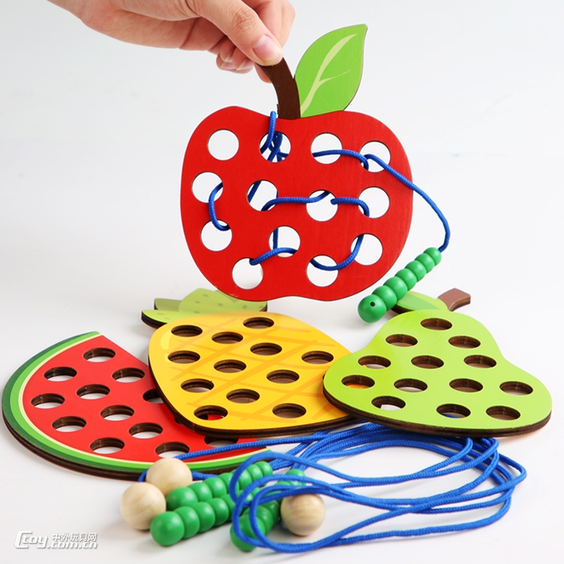 毛毛虫吃苹果水果穿线板玩具0.3幼儿童蒙氏早教穿绳教具