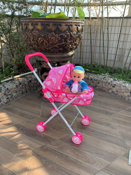 新款16寸喝水蓝帽娃娃+婴儿遮阳手推车（塑料圈）