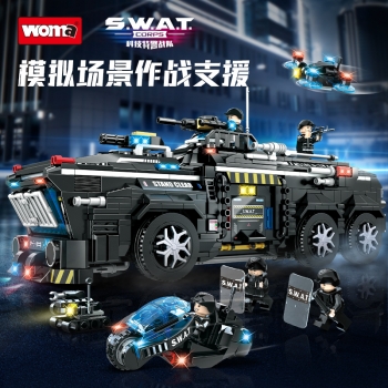 C5014沃马积木科技特警战队运载车警车玩具模型拼装玩具